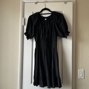 Waist-Defined Puff-Sleeve Tie-Neck Mini Dress with Pockets